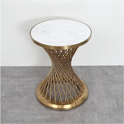 58cm (22") High Tea Table/45cm(18") Round White Marble Top/Small Coffee Table Metal Drum Stand with Golden Finish