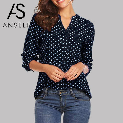 3XL 4XL 5XL Plus Size Tunics Women Blouse Shirt Vintage Polka Dot Tops V Neckline Rolled Long Sleeve Loose Elegant Blouse Ladies