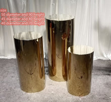 Load image into Gallery viewer, 3pcs Wedding shinny Gold Round Plinths Cylinder Pedestals cake stand wedding backdrop
