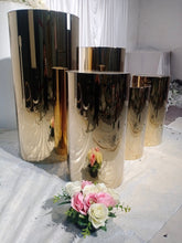 Load image into Gallery viewer, 3pcs Wedding shinny Gold Round Plinths Cylinder Pedestals cake stand wedding backdrop
