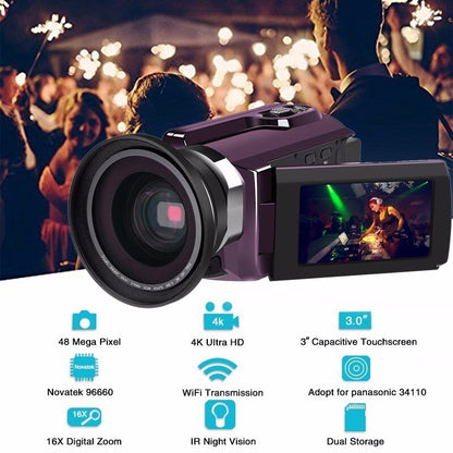 4K Camcorder 16X ZOOM Digital Video Recorder Camera Ultra HD Wifi IR Night Vision LCD Touchscreen External with Wide Angle Lens
