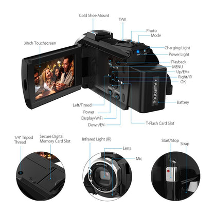 4K WiFi Ultra HD 1080P 48MP 16X ZOOM Digital Video Camera Camcorder+Microphone+Wide Angle Lens
