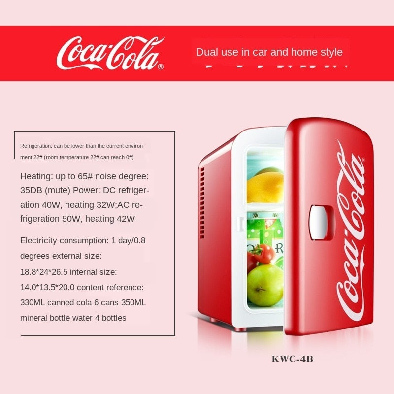 Coca-Cola 4L Portable Fridge Mini Fridges Heladera Small Fridge Vehicle Refrigerator Mini Refrigerator Cold and Heating Box 12V/220V