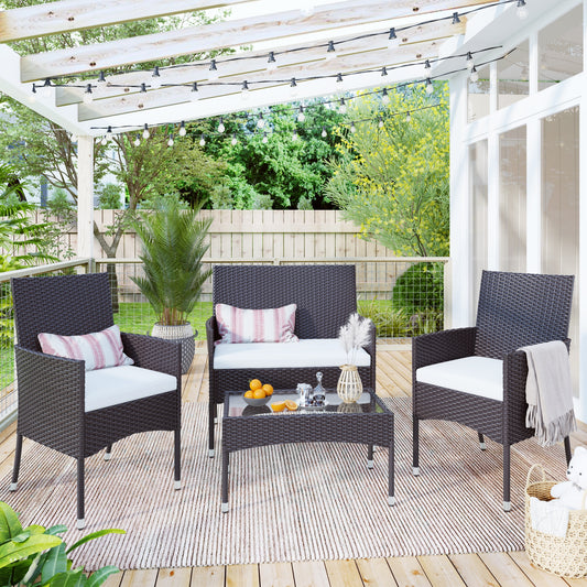 4Pcs Outdoor Garden Rattan Patio Furniture Set Include 1 2-Seat Sofa+2 Arm Chairs+1 Tea Table Brown w/ White Cushion  [US-Stock]