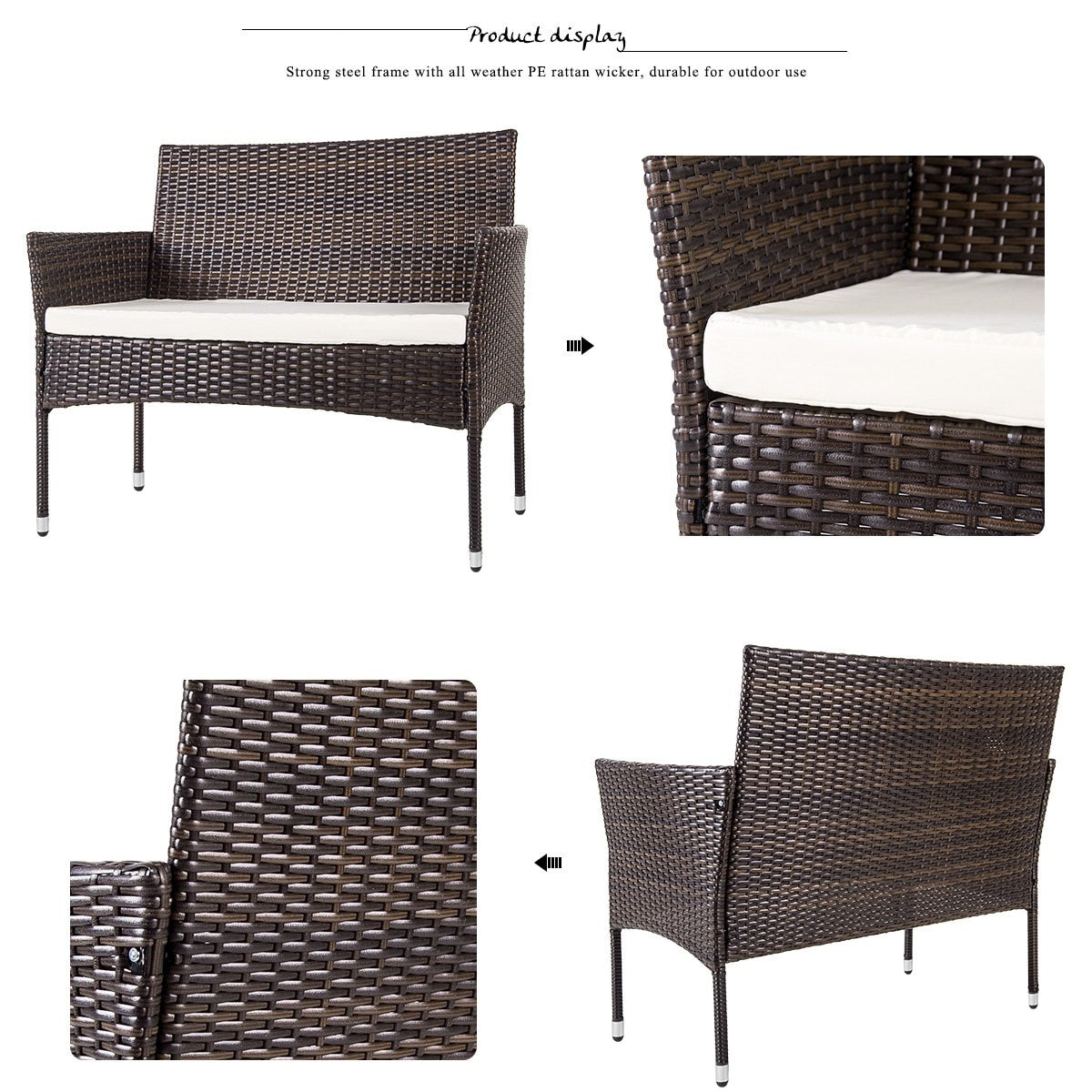 4Pcs Outdoor Garden Rattan Patio Furniture Set Include 1 2-Seat Sofa+2 Arm Chairs+1 Tea Table Brown w/ White Cushion  [US-Stock]