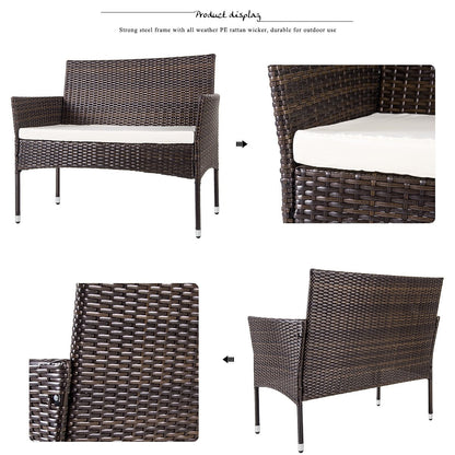 4Pcs Outdoor Garden Rattan Patio Furniture Set Include 1 2-Seat Sofa+2 Arm Chairs+1 Tea Table Brown w/ White Cushion  [US-Stock]