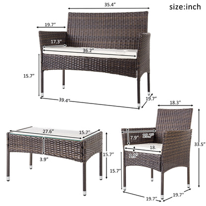 4Pcs Outdoor Garden Rattan Patio Furniture Set Include 1 2-Seat Sofa+2 Arm Chairs+1 Tea Table Brown w/ White Cushion  [US-Stock]
