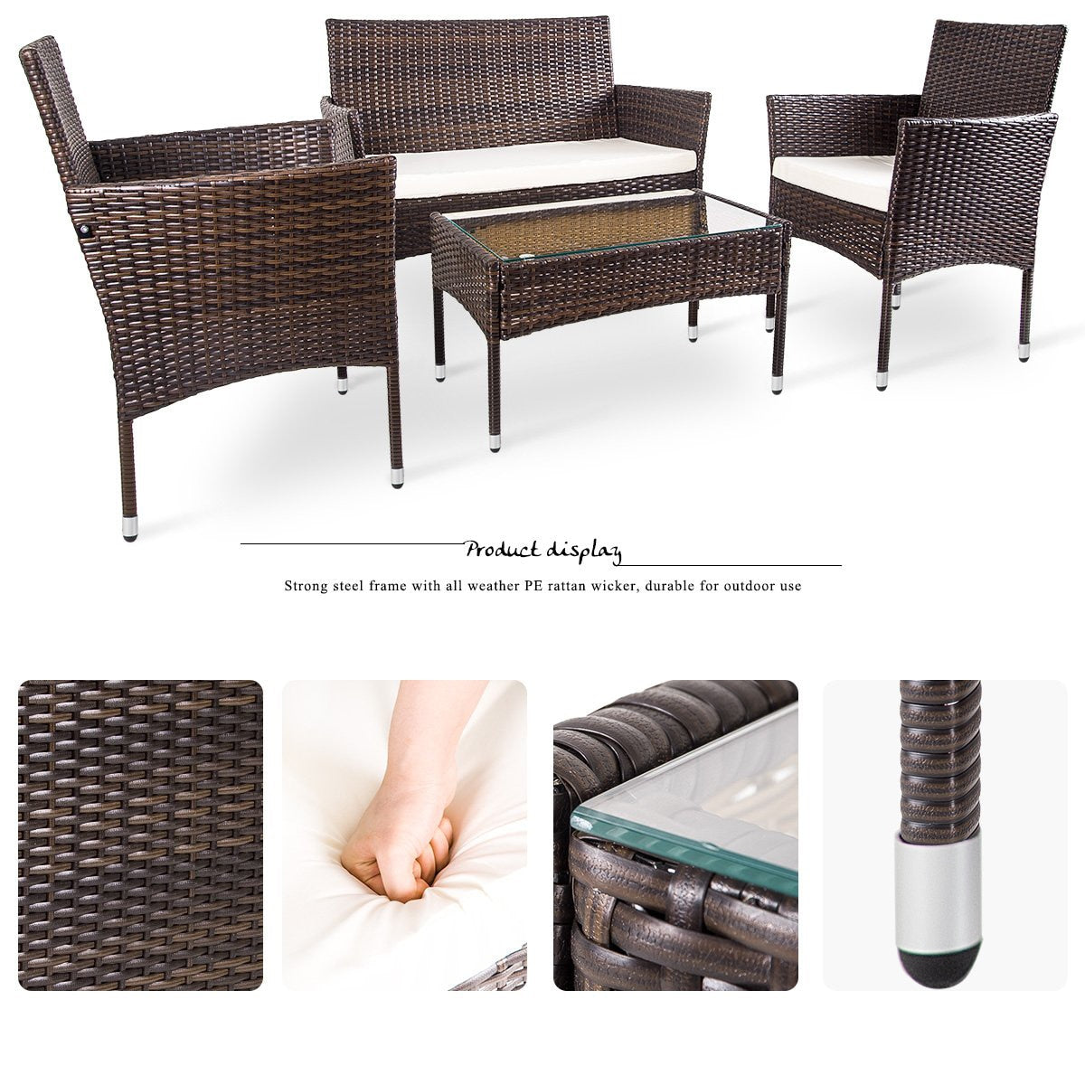 4Pcs Outdoor Garden Rattan Patio Furniture Set Include 1 2-Seat Sofa+2 Arm Chairs+1 Tea Table Brown w/ White Cushion  [US-Stock]