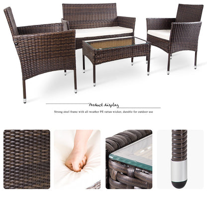 4Pcs Outdoor Garden Rattan Patio Furniture Set Include 1 2-Seat Sofa+2 Arm Chairs+1 Tea Table Brown w/ White Cushion  [US-Stock]