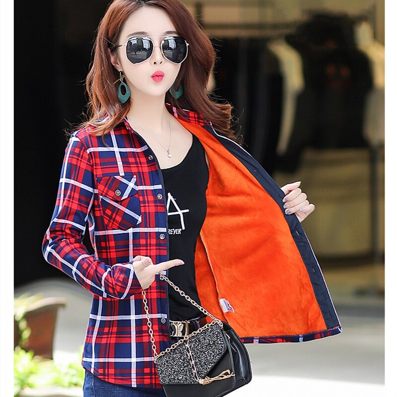 Velvet Warm Women's Plaid Shirt Female Long Sleeve Tops Plus Size Winter Pockets Check Blouse Blusas Femininas Chemise Femme 4XL