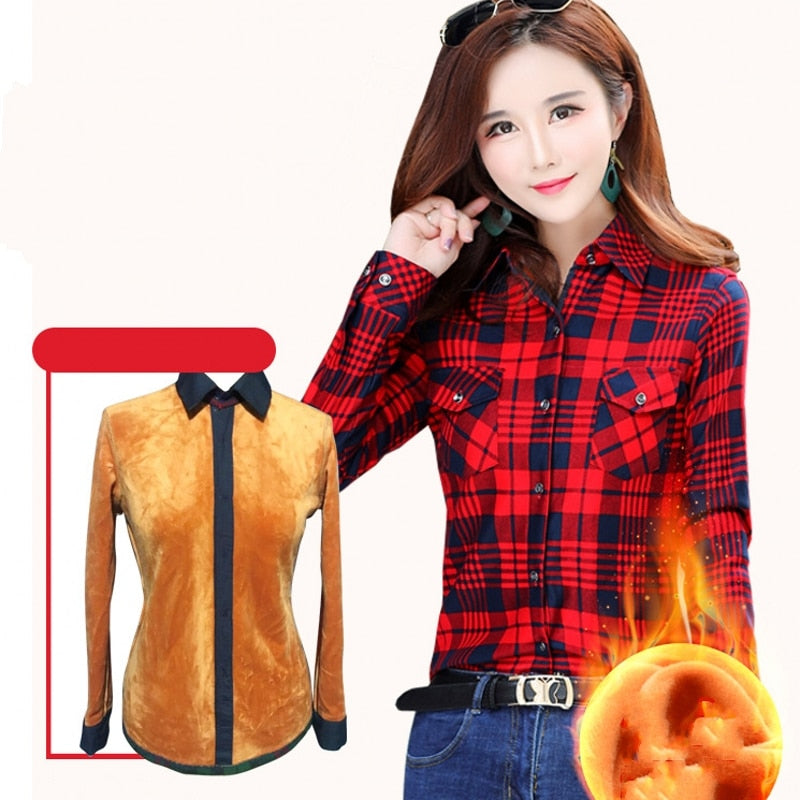 Velvet Warm Women's Plaid Shirt Female Long Sleeve Tops Plus Size Winter Pockets Check Blouse Blusas Femininas Chemise Femme 4XL