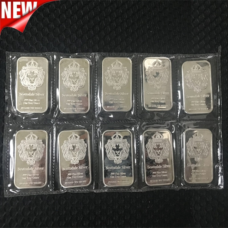 50 pcs Non magnetic Scottsdale silver bullion bar 1 OZ silver plated ingot badge 50 mm x 28 mm Vacuum packing 5 pcs a row bars