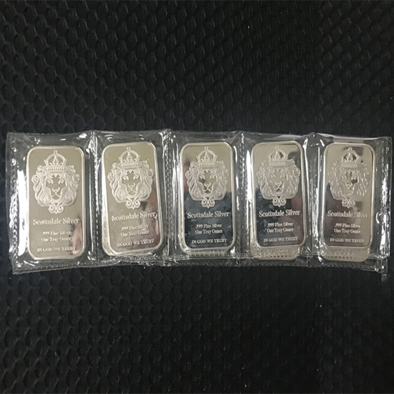 50 pcs Non magnetic Scottsdale silver bullion bar 1 OZ silver plated ingot badge 50 mm x 28 mm Vacuum packing 5 pcs a row bars