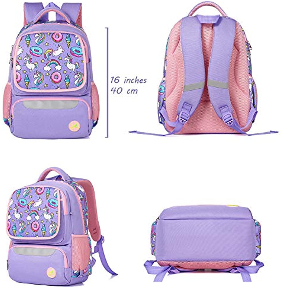 School Backpack for Girls & Boys Large 16 Inches Casual Day Pack Cartoon Pink Purple (Unicorn Kitten)