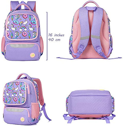 School Backpack for Girls & Boys Large 16 Inches Casual Day Pack Cartoon Pink Purple (Unicorn Kitten)