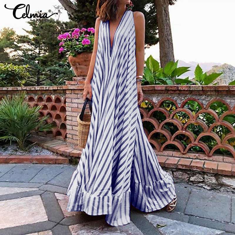 5XL Celmia Summer Dress Bohemian Women Maxi Long Sundress Ladies Sexy V neck Casual Loose Ruffle Vestidos Party Robe Plus Size