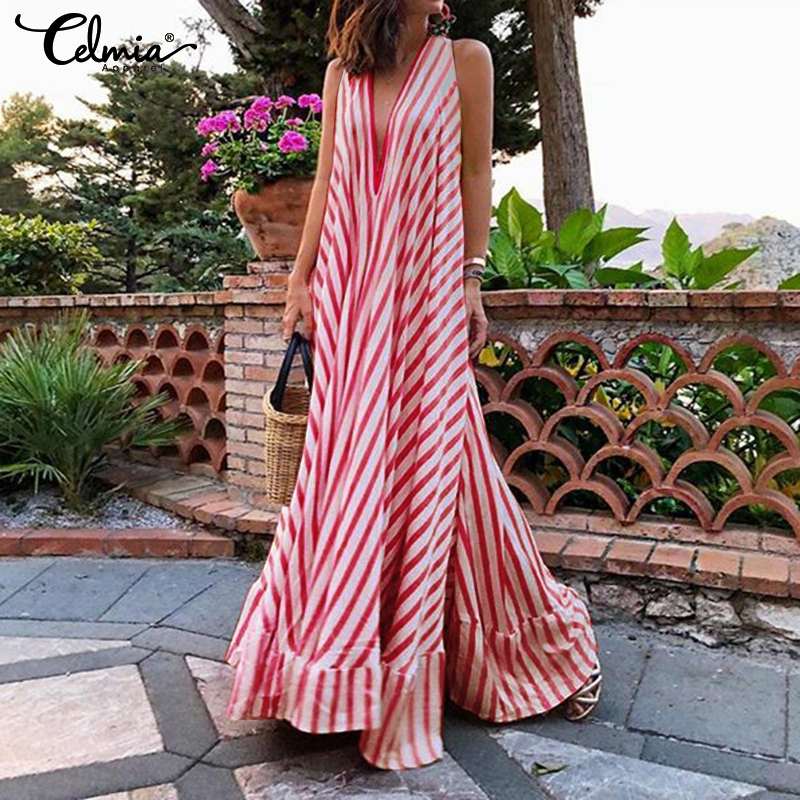 5XL Celmia Summer Dress Bohemian Women Maxi Long Sundress Ladies Sexy V neck Casual Loose Ruffle Vestidos Party Robe Plus Size