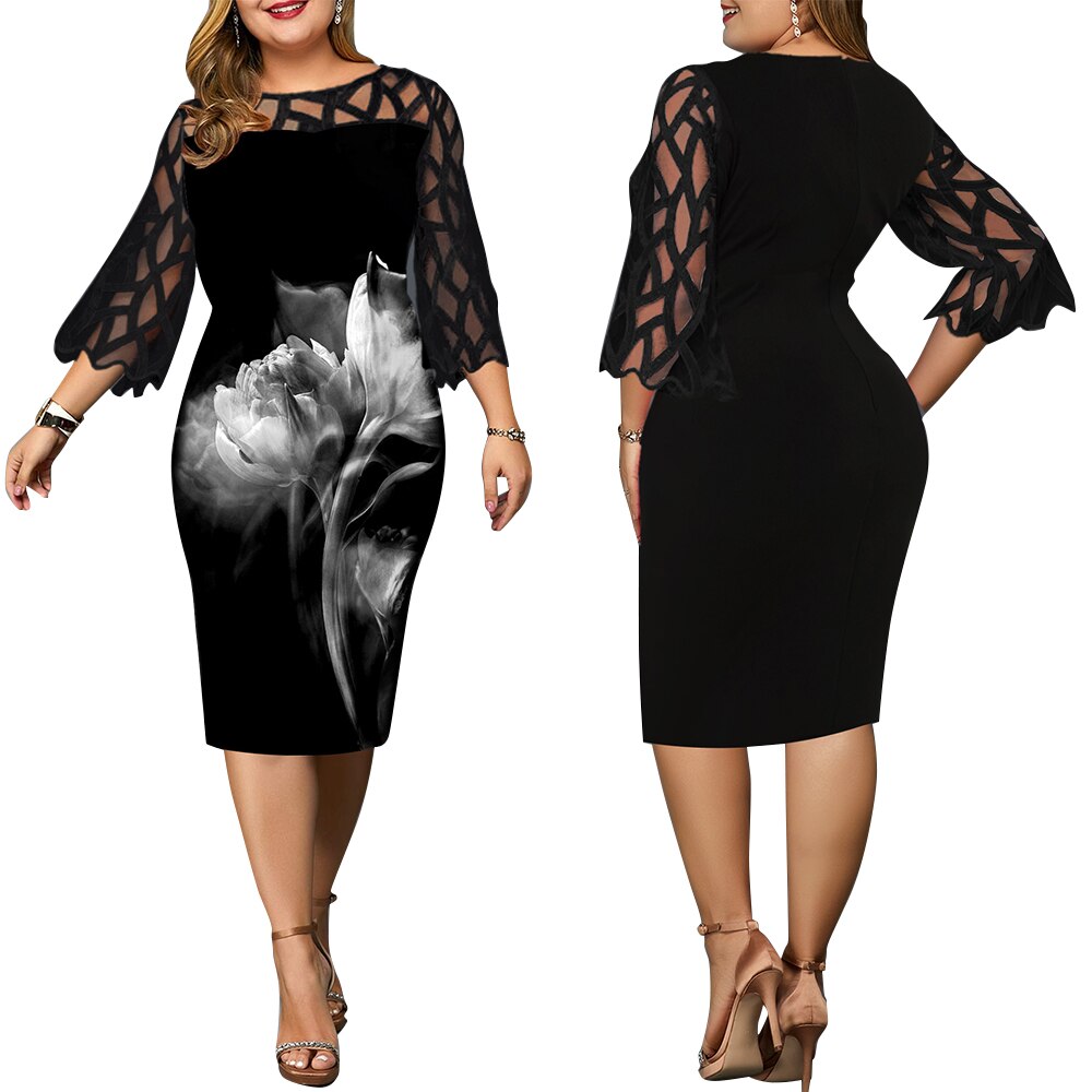 5XL Plus Size Women Black Dress Elegant Office Ladies Dresses Geometric Long Sleeve Female Dress Fall Casual Loose Vestido D30