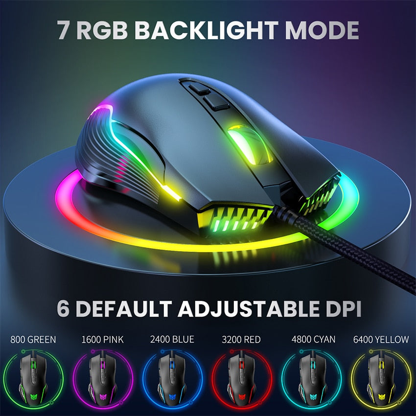 6400 DPI Wired Gaming Mouse,ONIKUMA CW905 Black Mechanical Mouse,6-level Adjustable DPI And 7 RGB Backlight Mode Gaming Mice.
