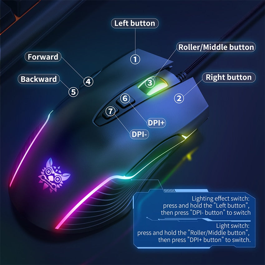 6400 DPI Wired Gaming Mouse,ONIKUMA CW905 Black Mechanical Mouse,6-level Adjustable DPI And 7 RGB Backlight Mode Gaming Mice.