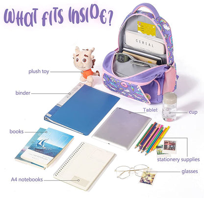 School Backpack for Girls & Boys Large 16 Inches Casual Day Pack Cartoon Pink Purple (Unicorn Kitten)