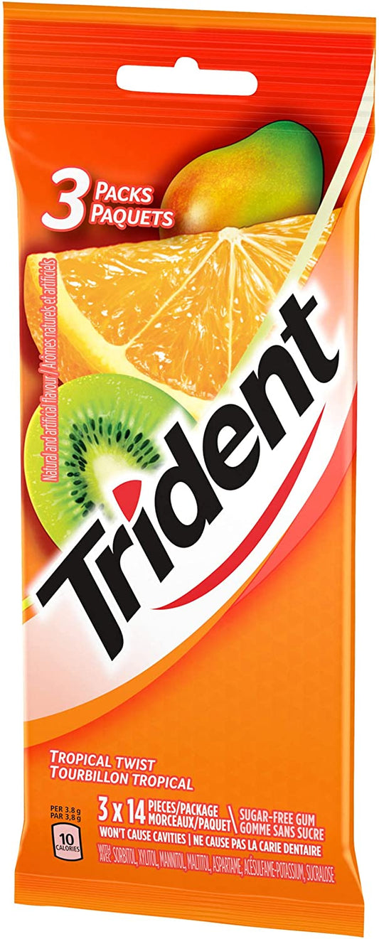 Trident Sugar-Free Gum, Tropical Twist Multipack, 3 Pack, 42 Count
