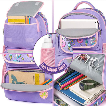 School Backpack for Girls & Boys Large 16 Inches Casual Day Pack Cartoon Pink Purple (Unicorn Kitten)