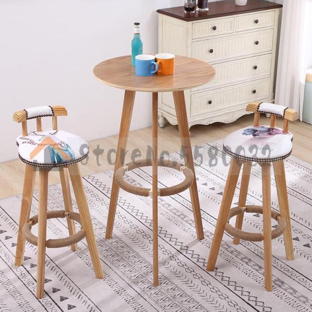 A+Solid wood high table simple small round table coffee table home bar table bar table and chair combination