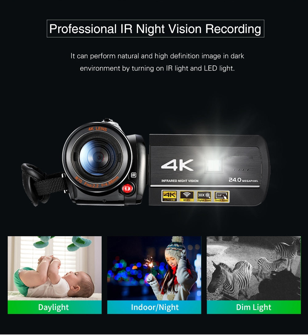 AC3 Digital Video Camera 4K UHD 24MP Camcorder 3.0" LCD with 1pcs Batteries+Extra 0.39X Lens+Microphone+Lens Hood