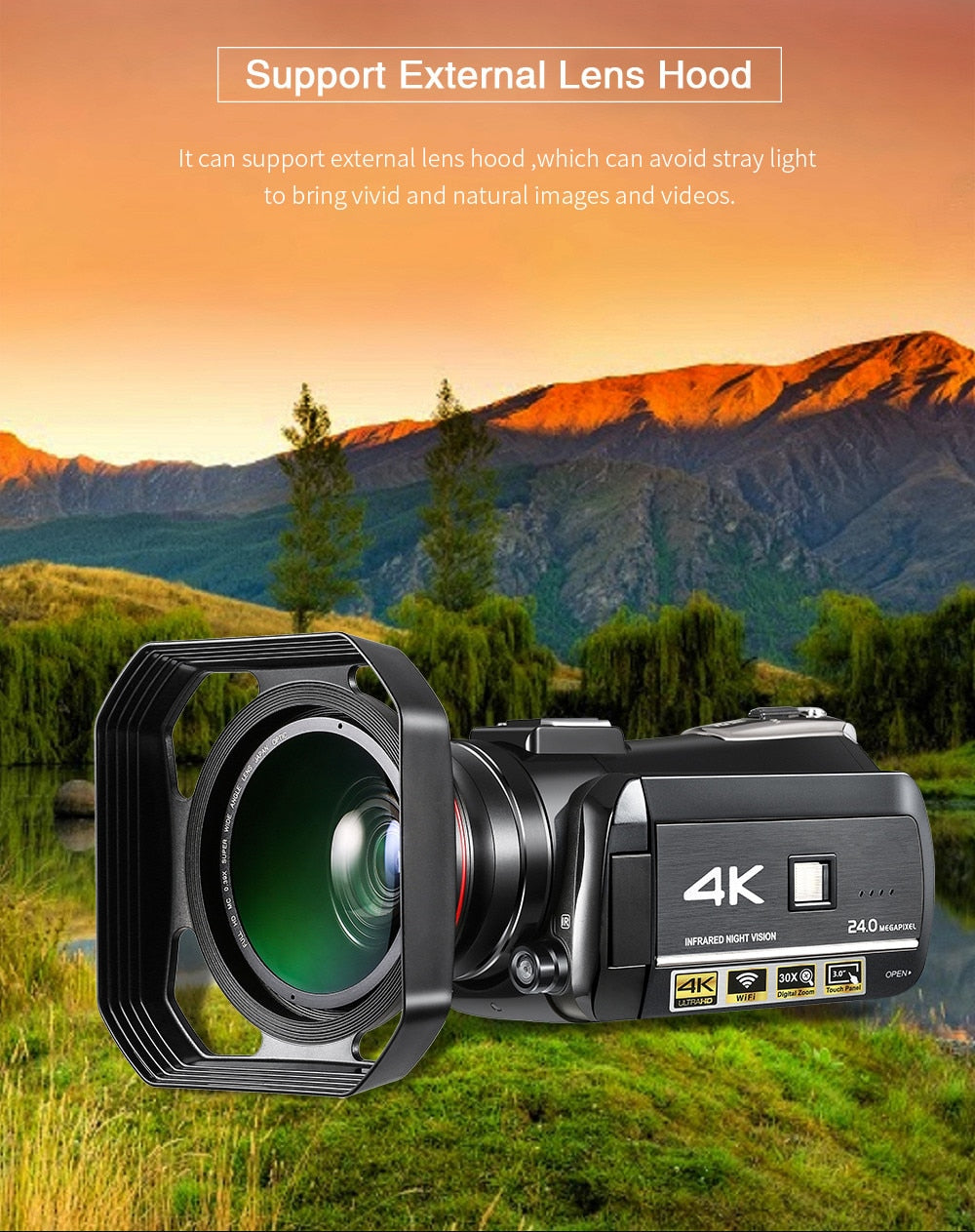 AC3 Digital Video Camera 4K UHD 24MP Camcorder 3.0" LCD with 1pcs Batteries+Extra 0.39X Lens+Microphone+Lens Hood