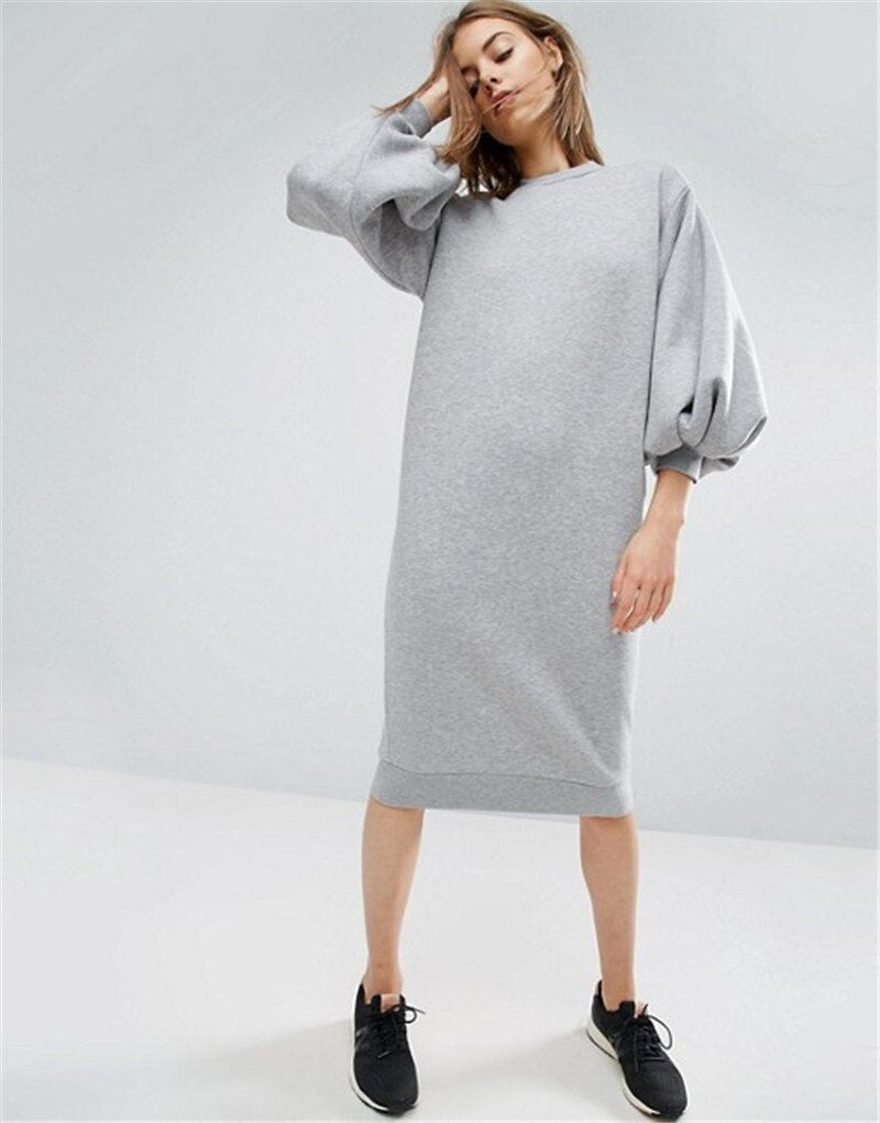 AEL Space Cotton Sweatshirt Dress Bishop Sleeve Backless Long Dresses 2018 Loose Plus Size Hight Quality Women Clothing