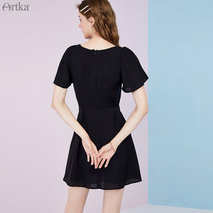 ARTKA 2020 Summer New French Vintage Black Chiffon Dresses With Sash Square Collar Short Flare Sleeve Long Dress Women LA25808X