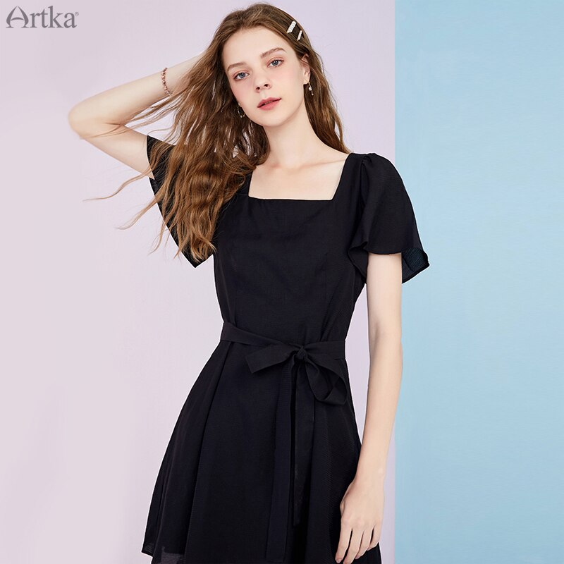 ARTKA 2020 Summer New French Vintage Black Chiffon Dresses With Sash Square Collar Short Flare Sleeve Long Dress Women LA25808X