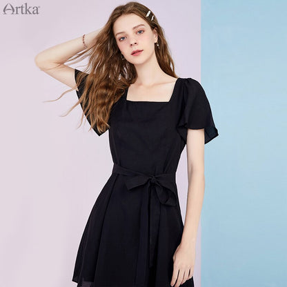 ARTKA 2020 Summer New French Vintage Black Chiffon Dresses With Sash Square Collar Short Flare Sleeve Long Dress Women LA25808X