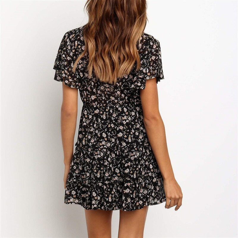 Aachoae 2020 Women Summer Dress Boho Style Floral Print Beach Dress Ruffles Elegant Party Dress Short Sleeve Sundress Vestiods