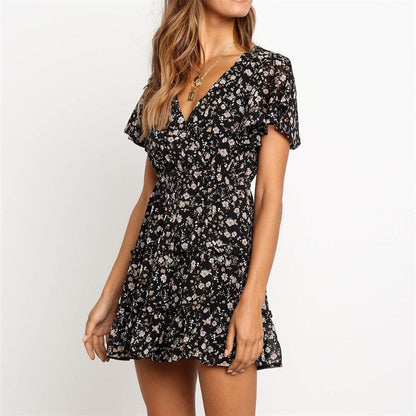 Aachoae 2020 Women Summer Dress Boho Style Floral Print Beach Dress Ruffles Elegant Party Dress Short Sleeve Sundress Vestiods