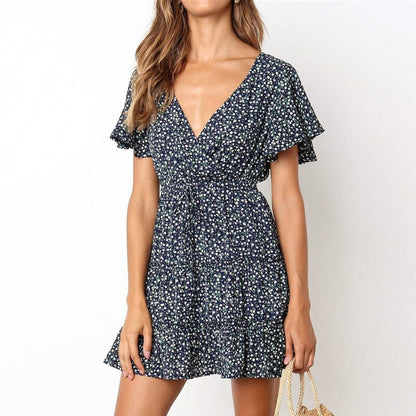 Aachoae 2020 Women Summer Dress Boho Style Floral Print Beach Dress Ruffles Elegant Party Dress Short Sleeve Sundress Vestiods