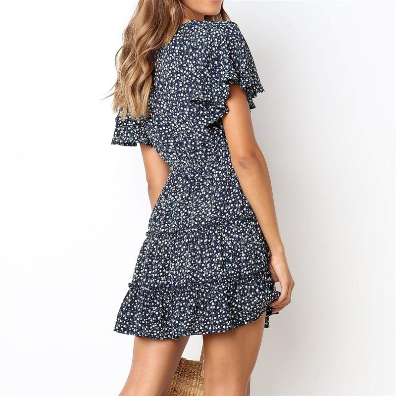 Aachoae 2020 Women Summer Dress Boho Style Floral Print Beach Dress Ruffles Elegant Party Dress Short Sleeve Sundress Vestiods