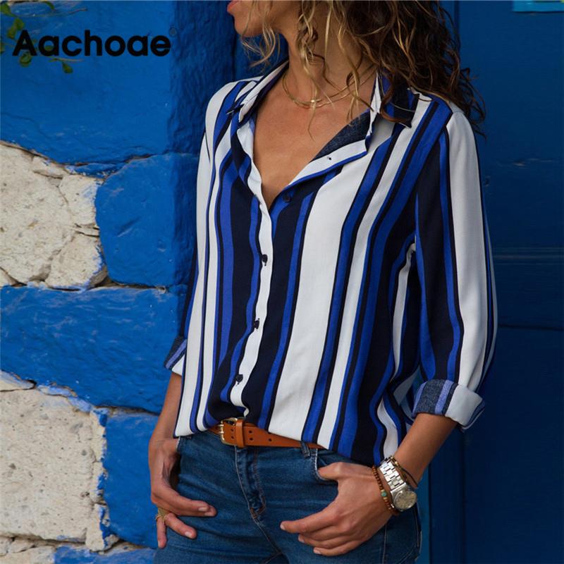 Aachoae Chiffon Blouse Women Long Sleeve Striped Shirt Turn Down Collar Office Shirt Casual Tops Blusas Femininas Plus Size