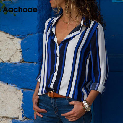 Aachoae Chiffon Blouse Women Long Sleeve Striped Shirt Turn Down Collar Office Shirt Casual Tops Blusas Femininas Plus Size