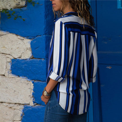 Aachoae Chiffon Blouse Women Long Sleeve Striped Shirt Turn Down Collar Office Shirt Casual Tops Blusas Femininas Plus Size