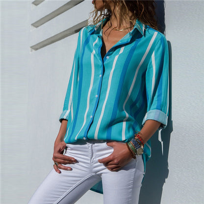 Aachoae Chiffon Blouse Women Long Sleeve Striped Shirt Turn Down Collar Office Shirt Casual Tops Blusas Femininas Plus Size