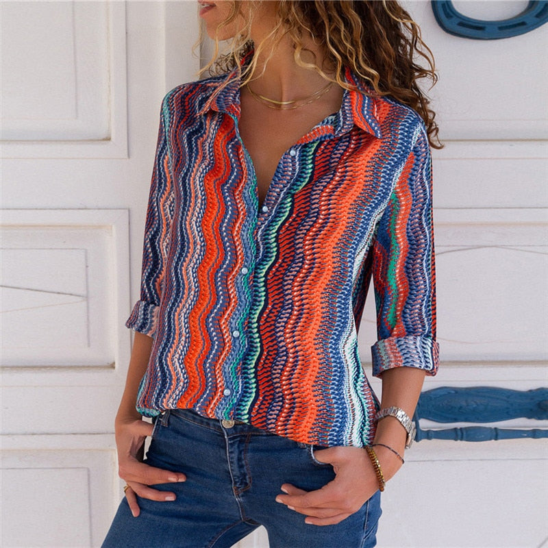 Aachoae Chiffon Blouse Women Long Sleeve Striped Shirt Turn Down Collar Office Shirt Casual Tops Blusas Femininas Plus Size