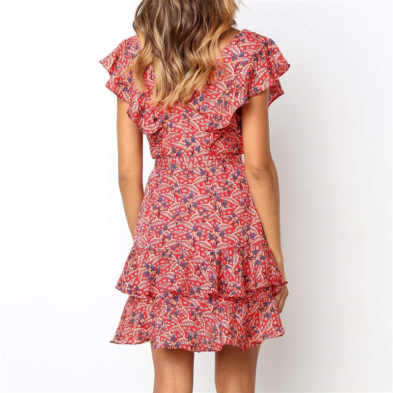Aachoae Dress Summer 2020 Women Floral Print Sashes Beach Dress Boho Ruffles A-line Mini Sundress Elegant Party Dress Vestidos