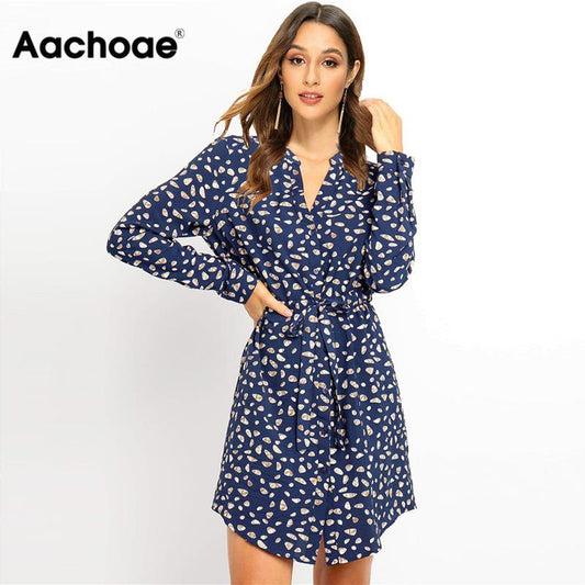 Aachoae Long Sleeve Floral Dress Women's 2020 Autumn Floral Print Office Dress Vintage V Neck Mini Party Dress Vestidos
