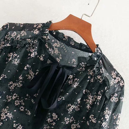 Aachoae Women Ruffle Bow Tie Mini Floral Print Dress Vintage Long Sleeve Casual Loose Pleated Dress Ruffles Party Dress Vestidos