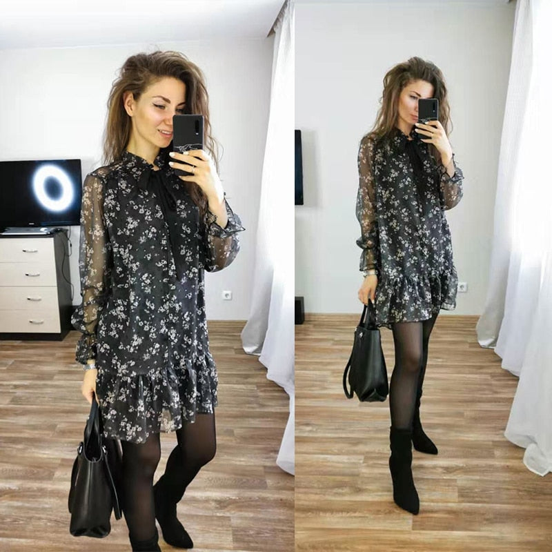 Aachoae Women Ruffle Bow Tie Mini Floral Print Dress Vintage Long Sleeve Casual Loose Pleated Dress Ruffles Party Dress Vestidos