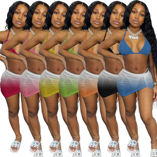 Adogirl Gradient Color Bikini Three Piece Set Spaghetti Strap Bra Crop Top + Mini Skirts + Panties Sport Beach Swimsuit XS-XL