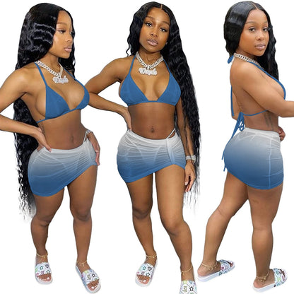 Adogirl Gradient Color Bikini Three Piece Set Spaghetti Strap Bra Crop Top + Mini Skirts + Panties Sport Beach Swimsuit XS-XL