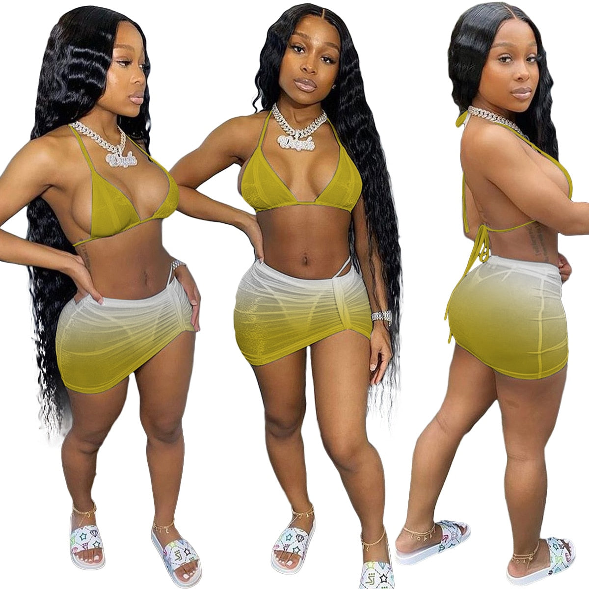 Adogirl Gradient Color Bikini Three Piece Set Spaghetti Strap Bra Crop Top + Mini Skirts + Panties Sport Beach Swimsuit XS-XL